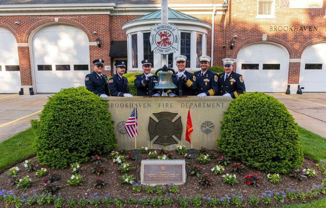 Brookhaven Fire Department chiefs and officers for 2023. Pictured left to right are fire police captain Ronald Dutcher; headquarters lieutenant Brian LaMonica Jr.;  Capt. John Hodge Jr.; chief of department Anthony Verni; first assistant chief Giuseppe Loiacono; and second assistant chief Hudson Darrow. Missing from the photo is Station 1 Lt. Chris Martin, who is serving overseas.